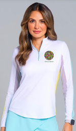 IBKUL Embroidered Women's Color Block Print Long Sleeve 1/4 zip Mock Neck Top